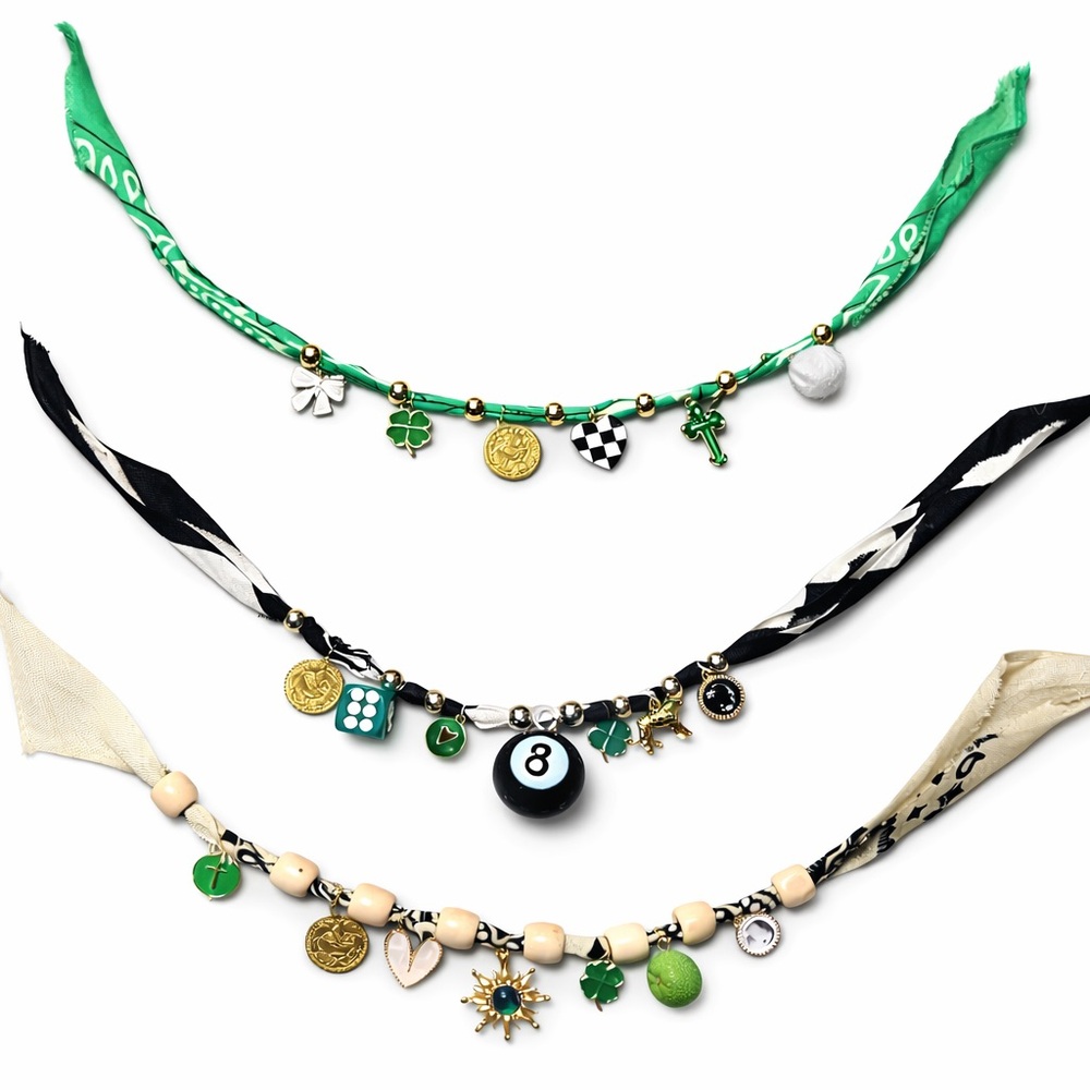 Handmade Green, Ivory and Black Bandana Stacking Charm Bracelets Set of 3